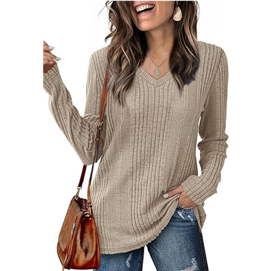 Damen modischer V-Ausschnitt Pullover mit Rippstruktur R&B