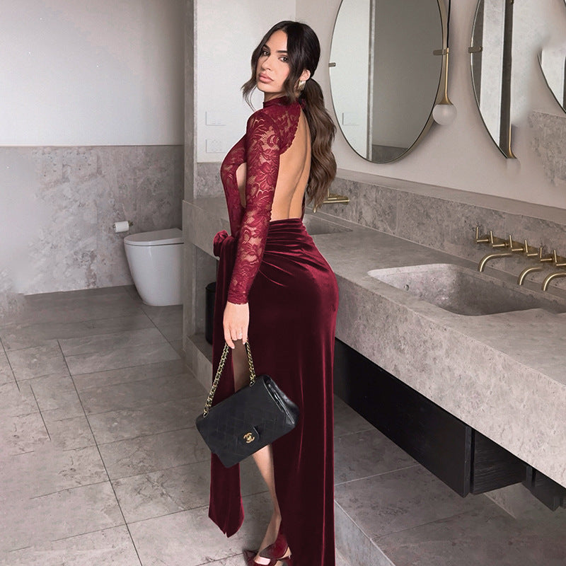 Damen Elegantes Maxi-Kleid mit Spitze und raffiniertem Taillengürtel R&B