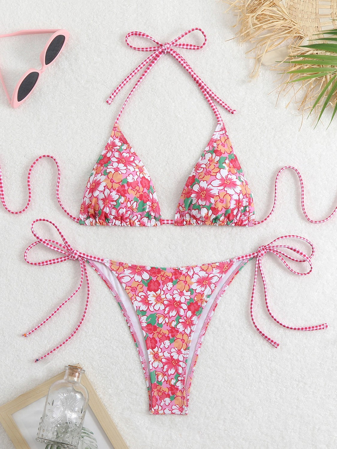 Damen Triangel-Bikini-Set mit verspieltem Blumenmuster und feinen Bindebändern R&B