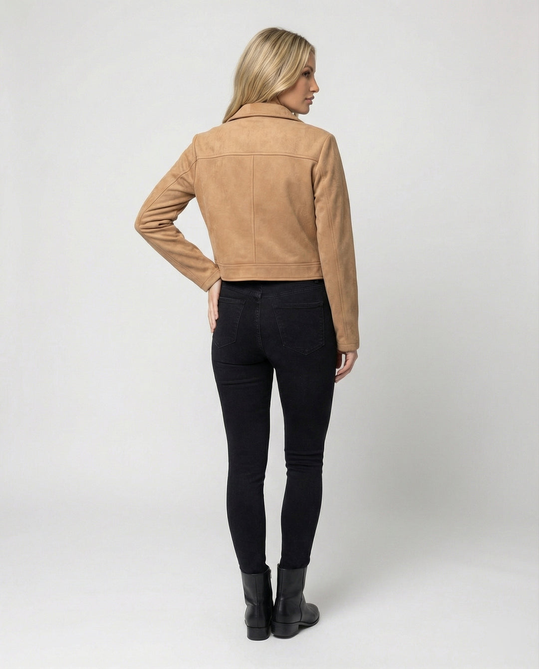 Damen Bekleidungsgeschäft kurz geschnittene Reißverschlussjacke mit Hemdkragen und taillierter Silhouette aus Wildlederimitat R&B