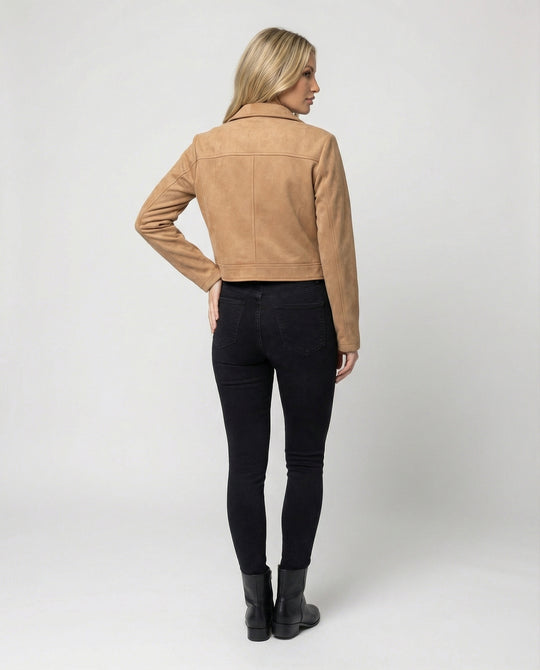 Damen Bekleidungsgeschäft kurz geschnittene Reißverschlussjacke mit Hemdkragen und taillierter Silhouette aus Wildlederimitat R&B