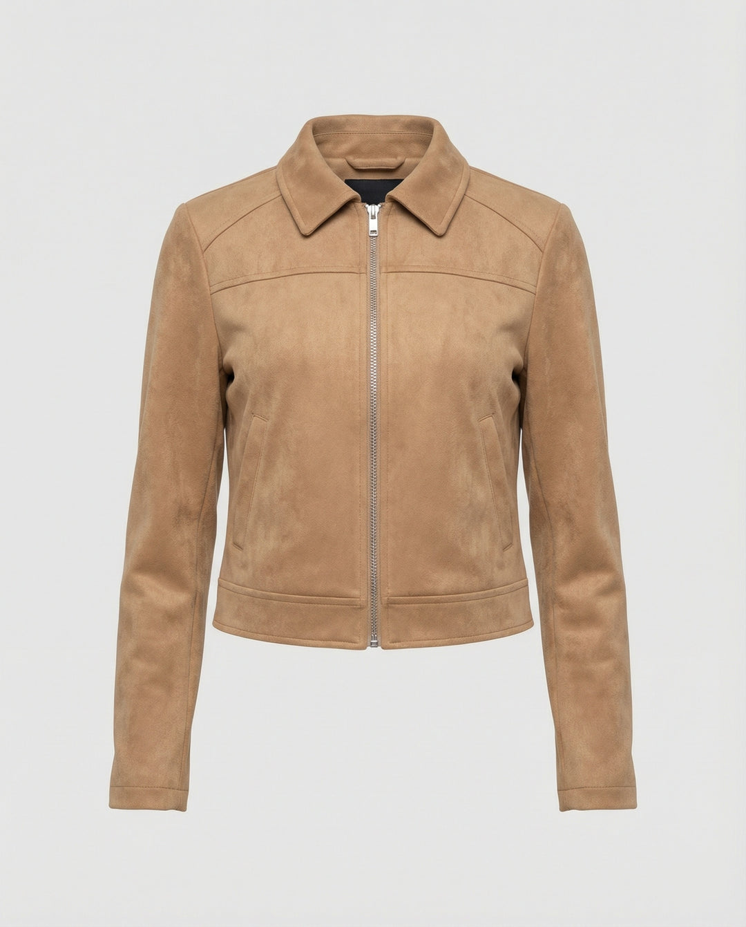 Damen Bekleidungsgeschäft kurz geschnittene Reißverschlussjacke mit Hemdkragen und taillierter Silhouette aus Wildlederimitat R&B