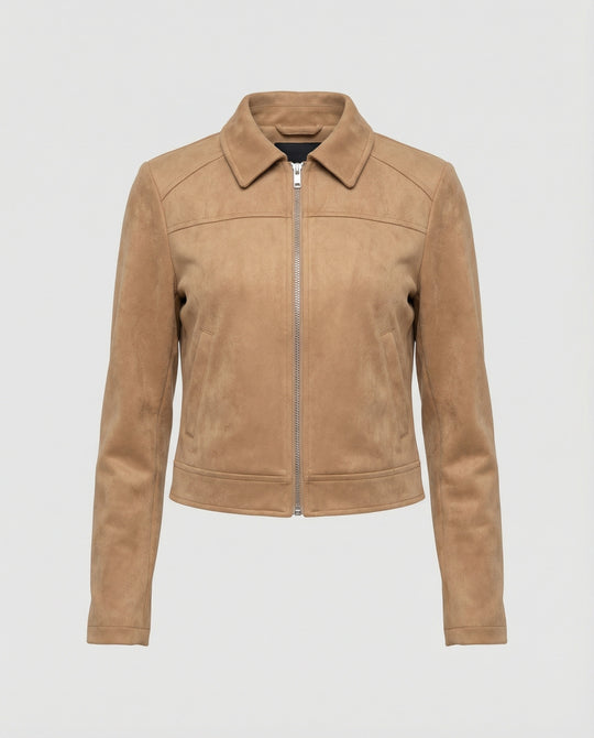 Damen Bekleidungsgeschäft kurz geschnittene Reißverschlussjacke mit Hemdkragen und taillierter Silhouette aus Wildlederimitat R&B