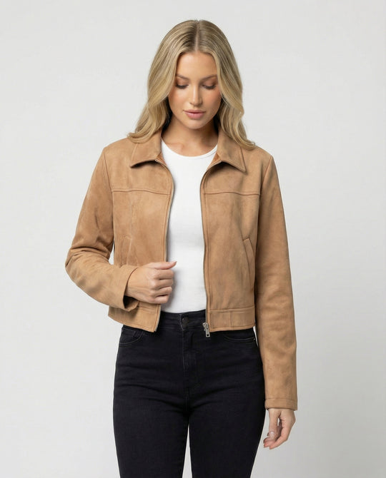 Damen Bekleidungsgeschäft kurz geschnittene Reißverschlussjacke mit Hemdkragen und taillierter Silhouette aus Wildlederimitat R&B