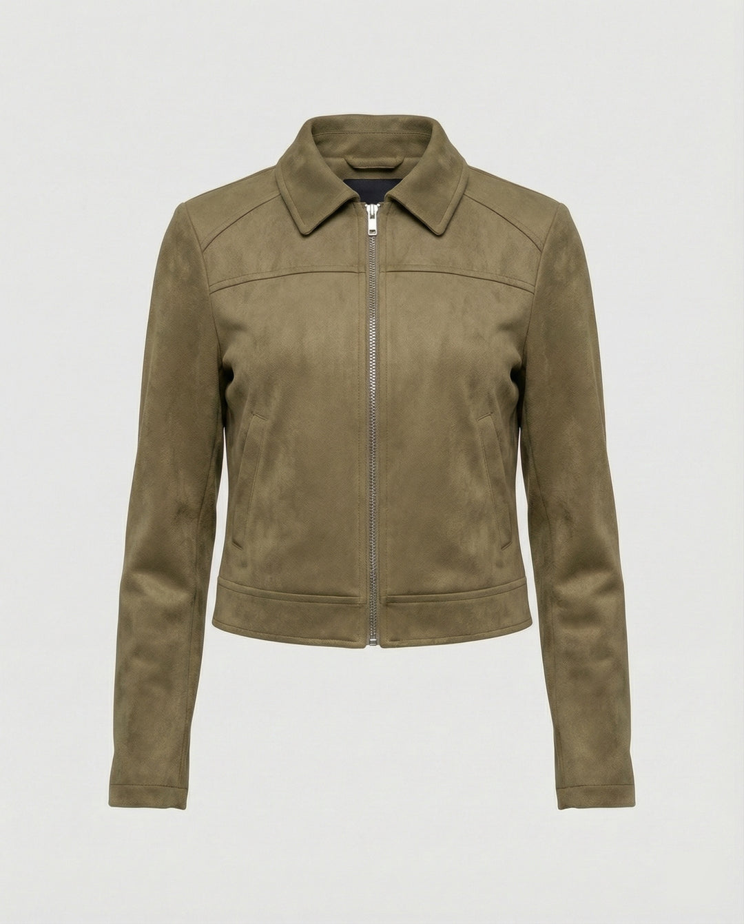 Damen Bekleidungsgeschäft kurz geschnittene Reißverschlussjacke mit Hemdkragen und taillierter Silhouette aus Wildlederimitat R&B