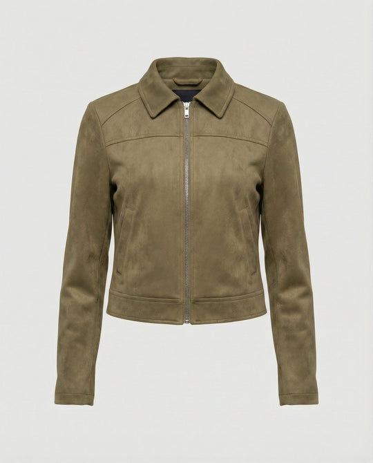 Damen Bekleidungsgeschäft kurz geschnittene Reißverschlussjacke mit Hemdkragen und taillierter Silhouette aus Wildlederimitat R&B