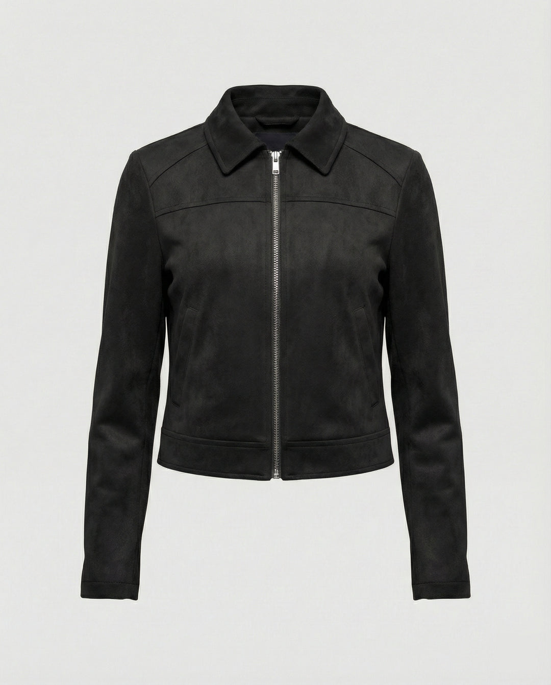 Damen Bekleidungsgeschäft kurz geschnittene Reißverschlussjacke mit Hemdkragen und taillierter Silhouette aus Wildlederimitat R&B
