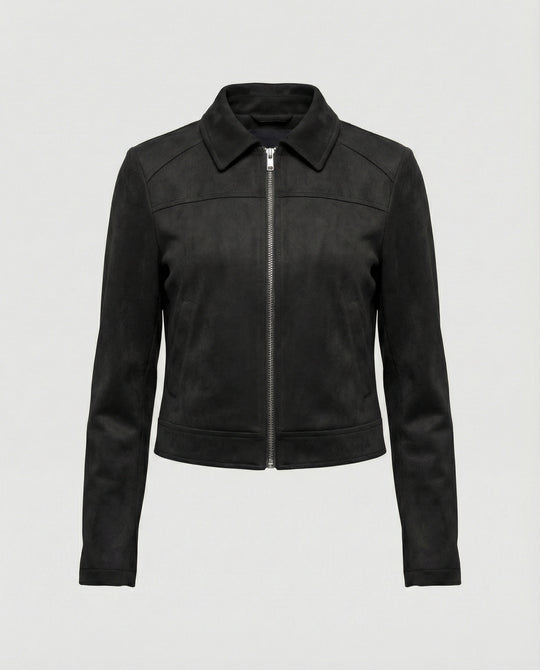 Damen Bekleidungsgeschäft kurz geschnittene Reißverschlussjacke mit Hemdkragen und taillierter Silhouette aus Wildlederimitat R&B