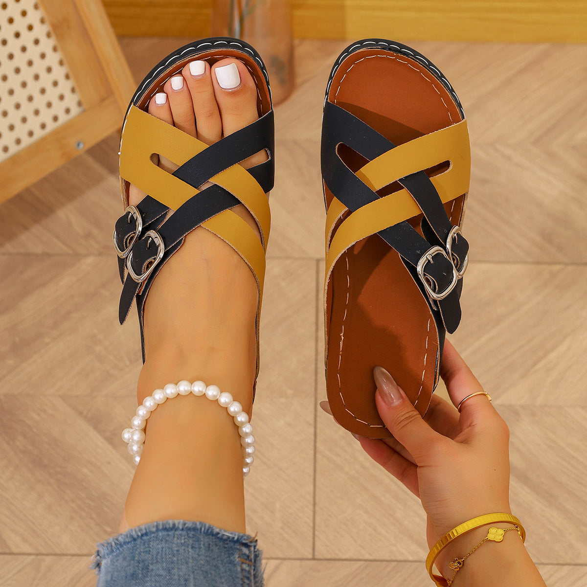 Damen Clogs mit modischem Kreuzband-Design und komfortabler Schnalle R&B