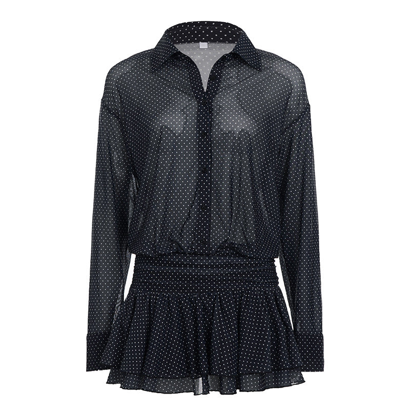 Damen Polka-Dot Kleid mit voluminösen Rüschendetails und transparenten Ärmeln R&B