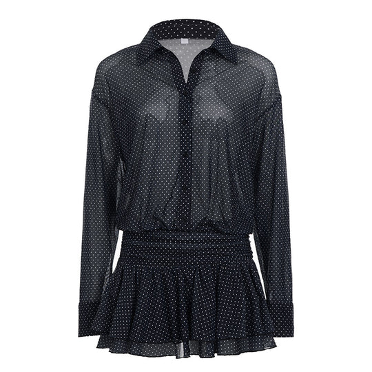 Damen Polka-Dot Kleid mit voluminösen Rüschendetails und transparenten Ärmeln R&B