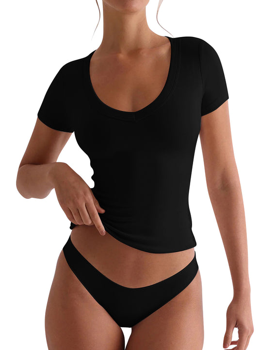 Damen figurbetontes V-Neck T-Shirt mit kurzen Ärmeln R&B