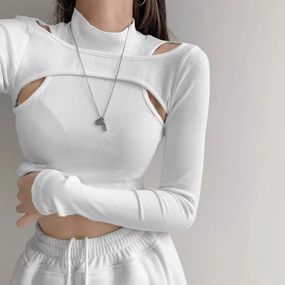 Damen trendiges Oberteil mit Cut-Outs und hohem Kragen R&B