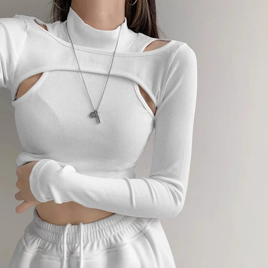 Damen trendiges Oberteil mit Cut-Outs und hohem Kragen R&B