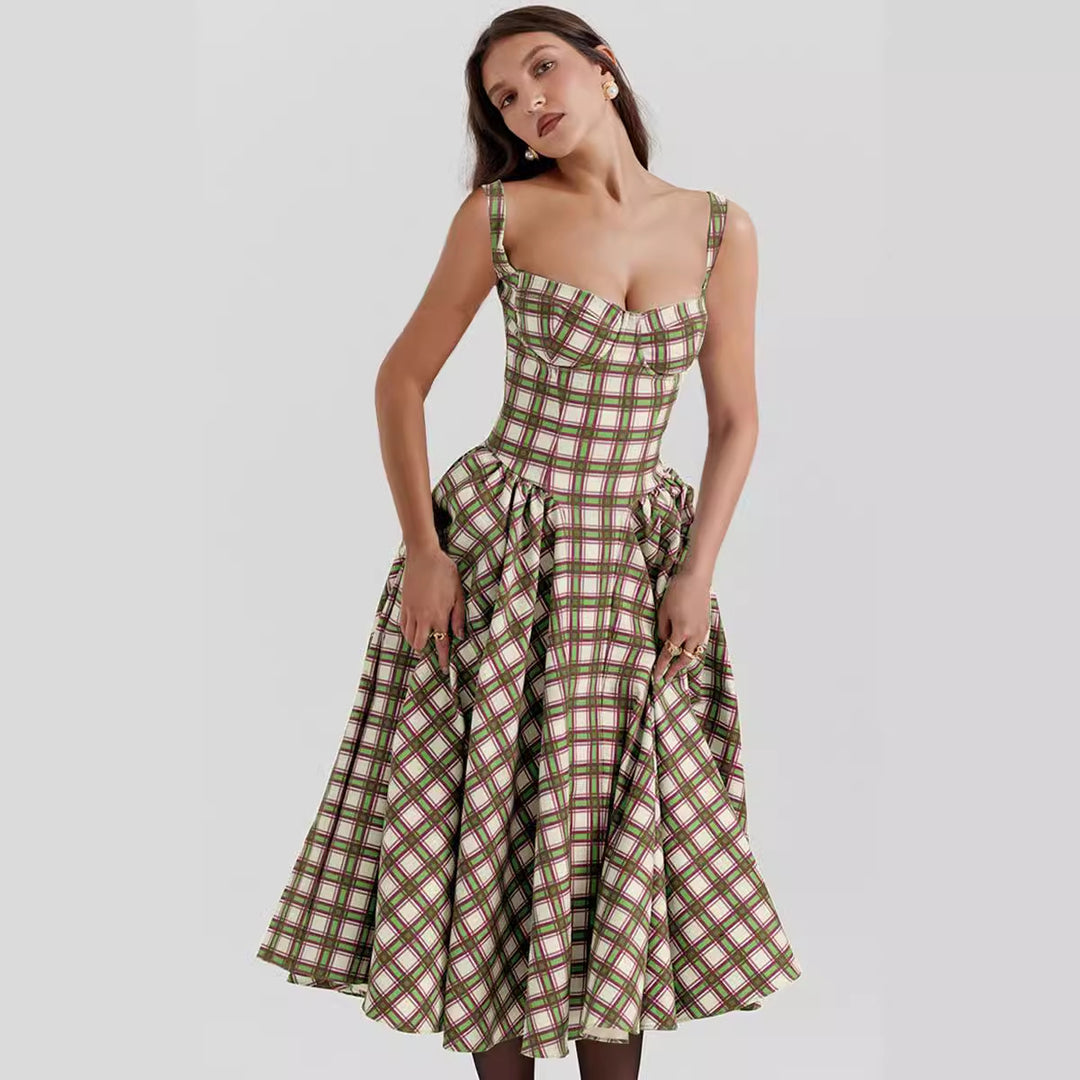 Damen Midikleid im Karomuster mit strukturiertem Oberteil und voluminösem Rock R&B