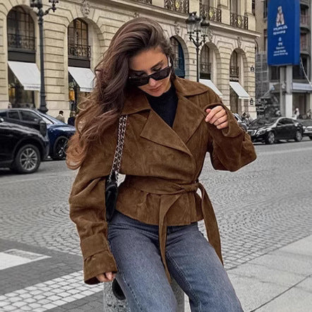 Damen Modische Suede-Blazerjacke mit tailliertem Design und Raffungen R&B