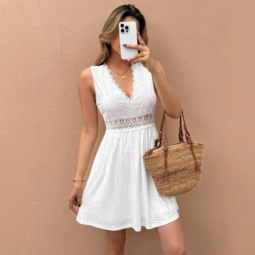 Damen Sommerkleid mit V-Ausschnitt und Spitzenapplikationen R&B
