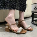 Damen elegante Sandalen mit Perlenverzierung und niedrigem Blockabsatz R&B