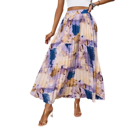 Damen Plissee-Rock mit farbenfrohem Aquarell-Muster und eleganter Taille R&B