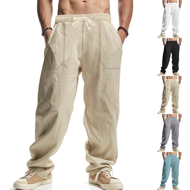 Herren lässige Leinenhose mit seitlichen Taschen und elastischem Bund R&B