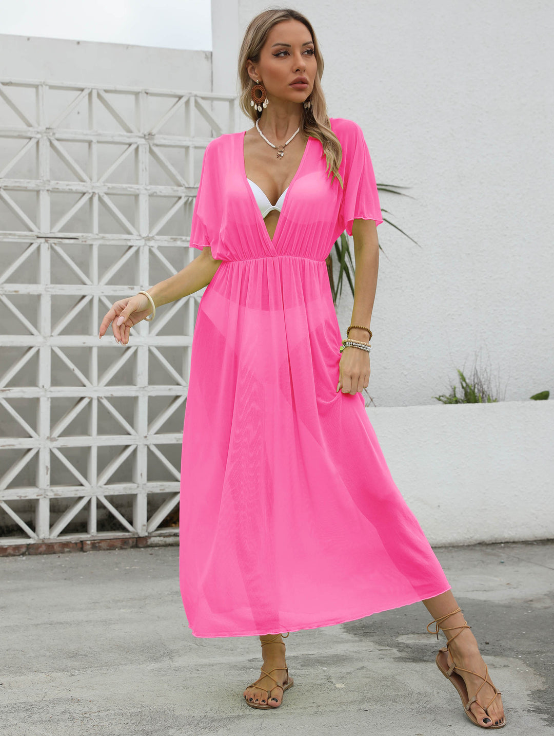 Damen elegantes Maxi-Kleid mit tiefem V-Ausschnitt und fließendem Rock R&B