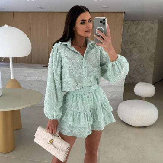 Damen Blusen-Kleid mit floraler Spitze und schwingendem Rock R&B