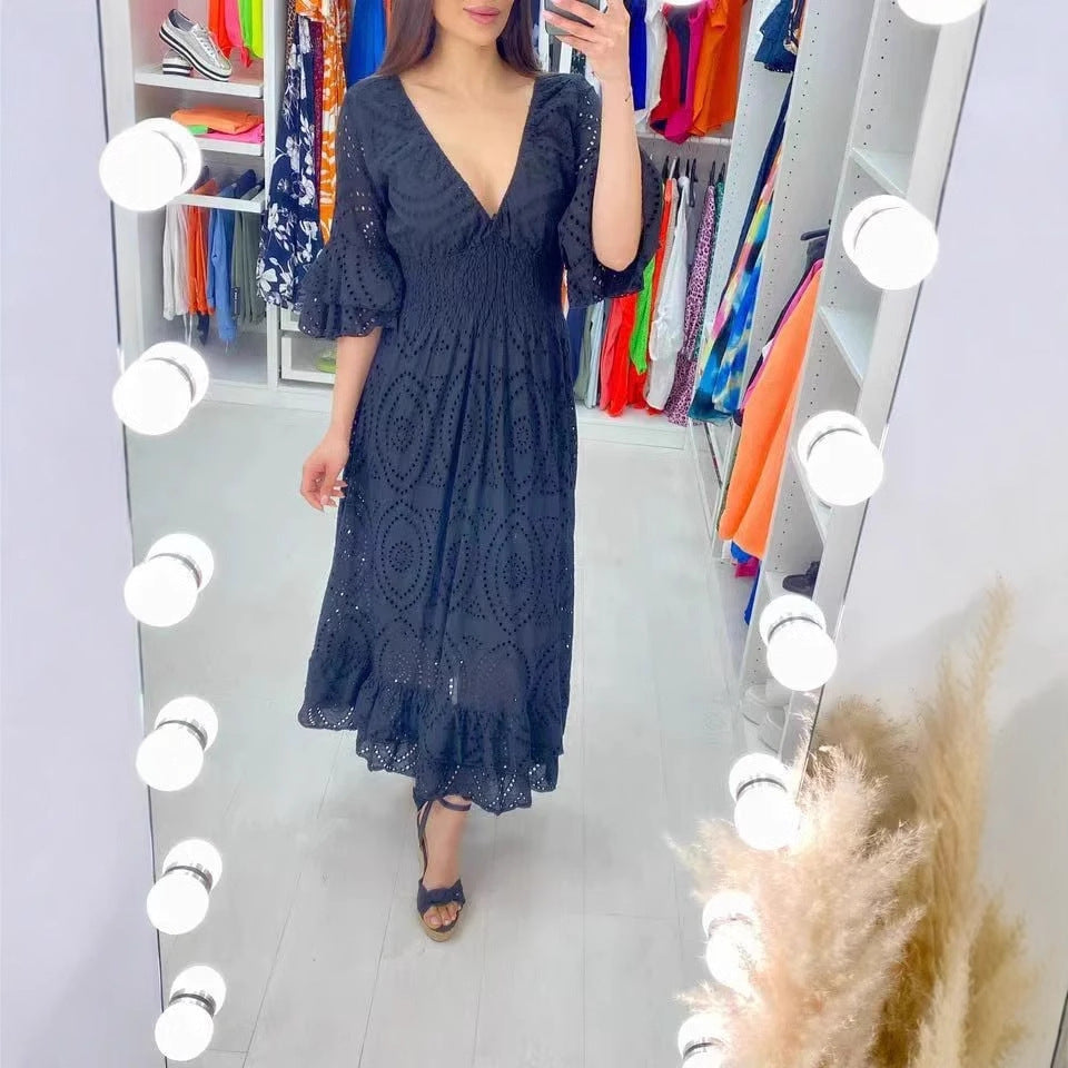Damen Maxikleid mit floraler Lochstickerei und weiten Ärmeln R&B