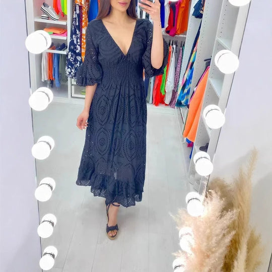 Damen Maxikleid mit floraler Lochstickerei und weiten Ärmeln R&B