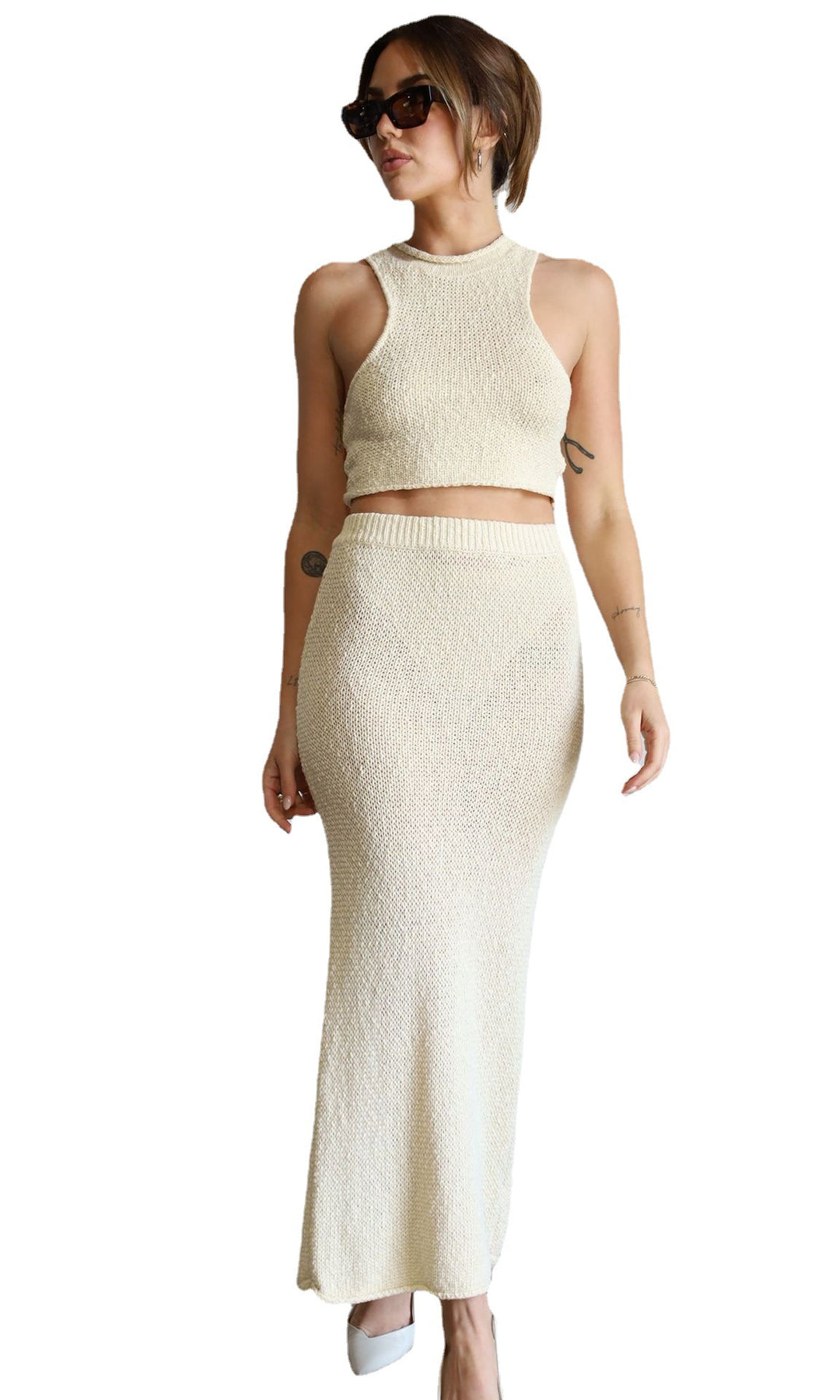 Damen elegantes Strick-Crop-Top und Maxirock-Set R&B