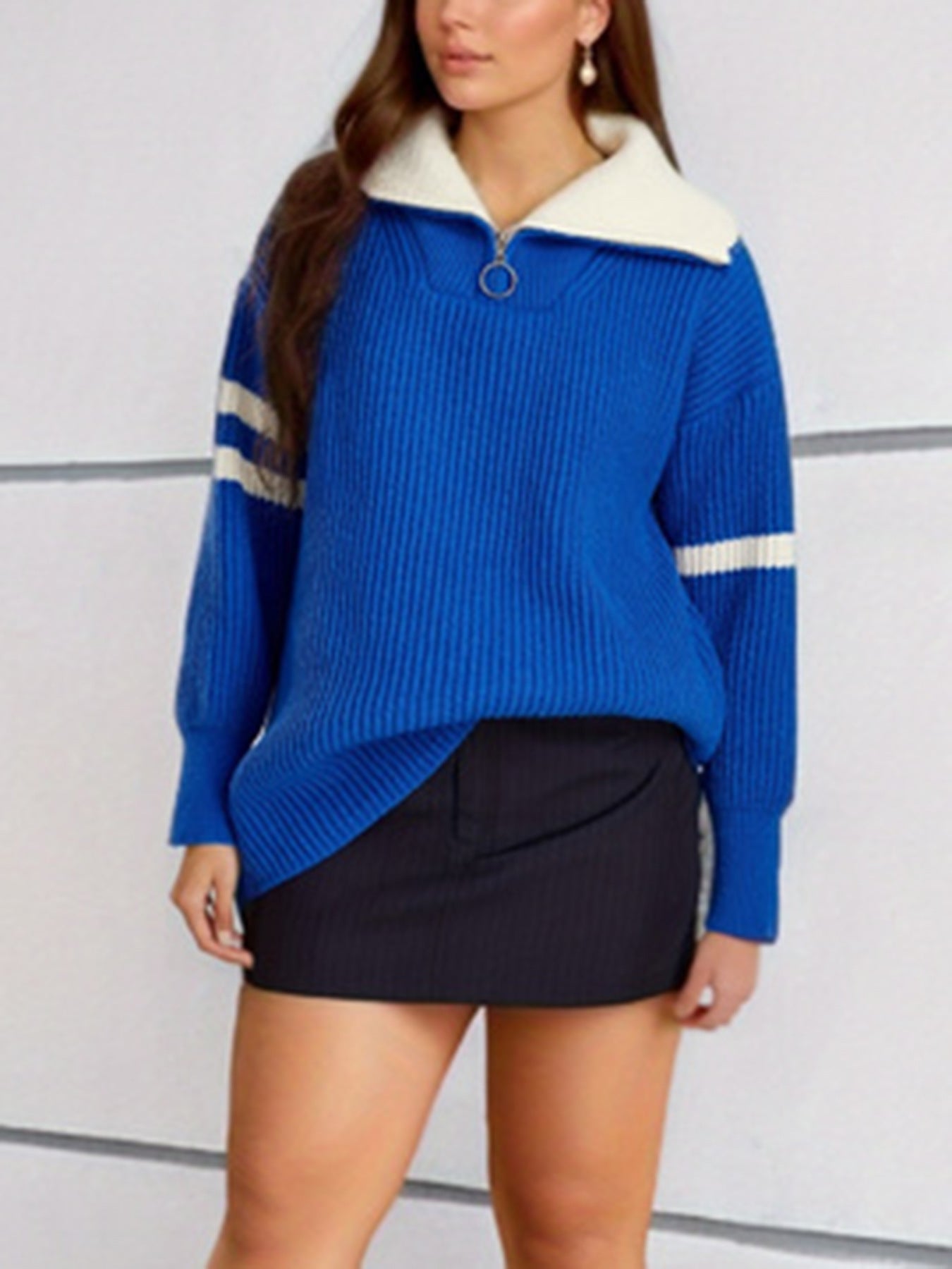 Damen lässiger Pullover im sportlichen Stil mit Stehkragen und Reißverschluss R&B