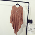 Damen Strickponcho mit kunstvollen Häkelmustern und Fransen R&B