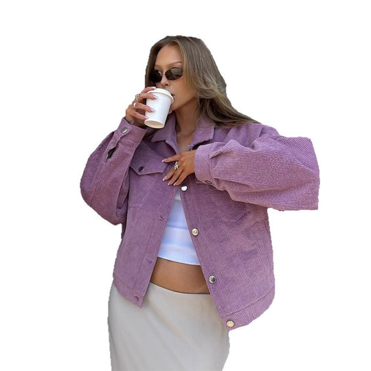 Damen Oversized Cordjacke mit praktischen Taschen und dezentem Streifenmuster R&B