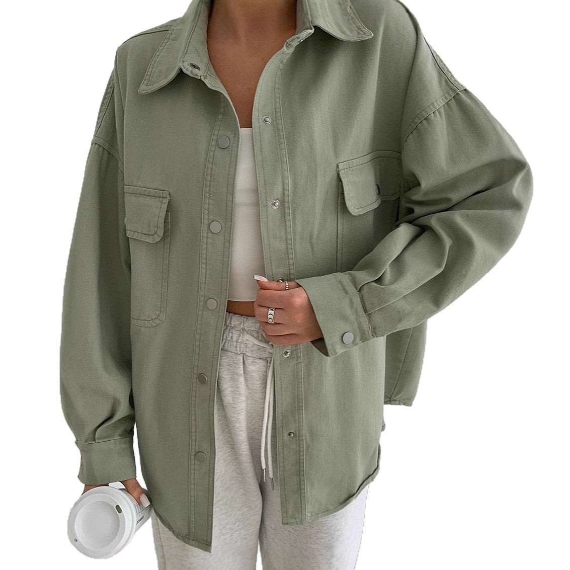 Damen Oversized Utility-Hemdjacke mit praktischen Taschen und lässigem Schnitt R&B