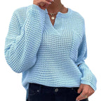 Damen lässiger Strickpullover mit V-Ausschnitt und strukturierter Oberfläche