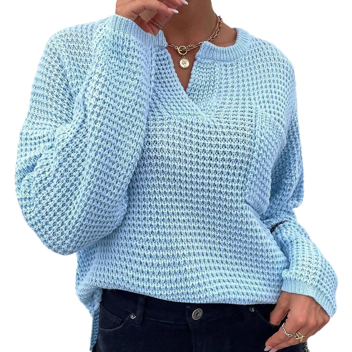 Damen lässiger Strickpullover mit V-Ausschnitt und strukturierter Oberfläche