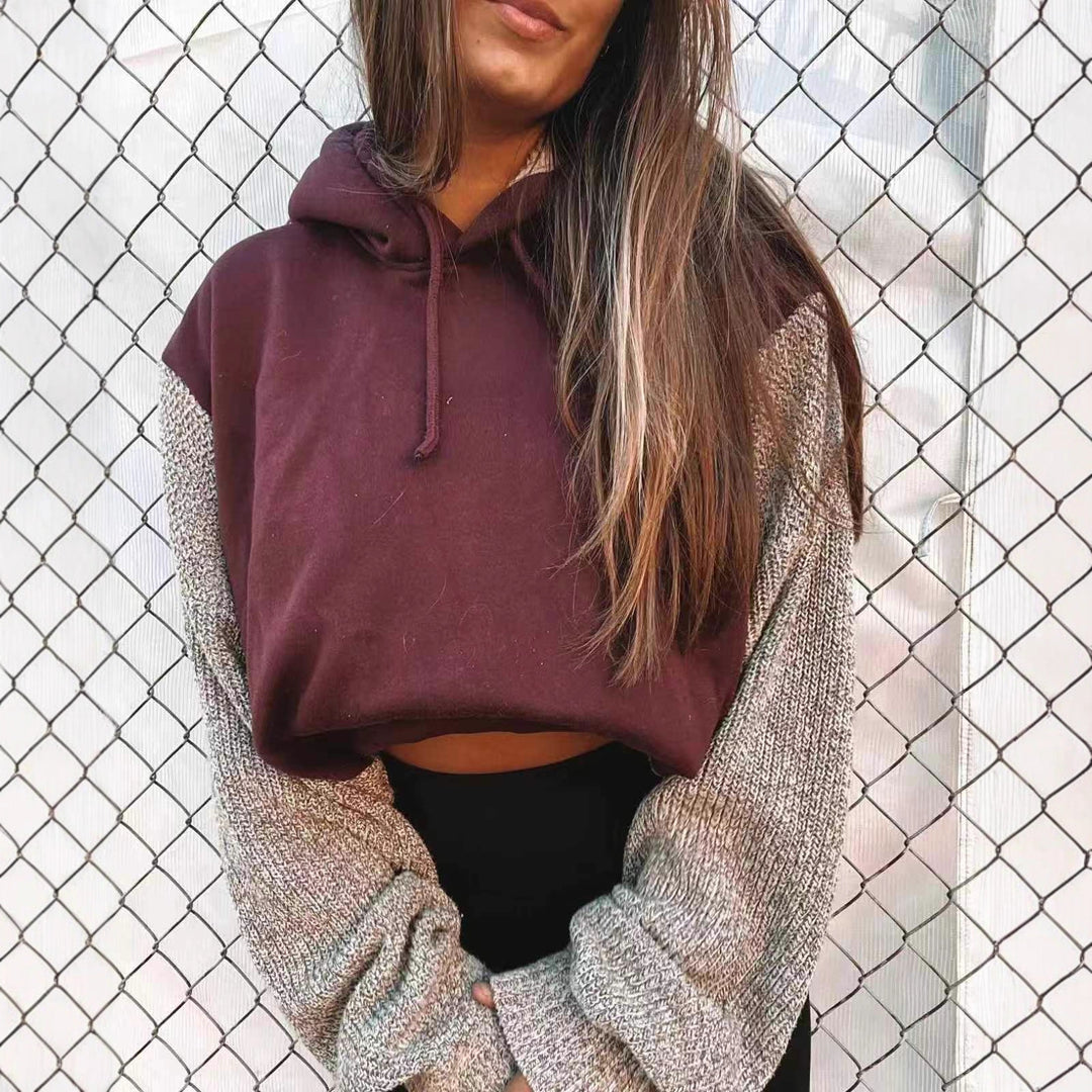 Damen nan Kapuzen-Cropped-Pullover mit weitgeschnittenen Strickärmeln und Kordelzug R&B