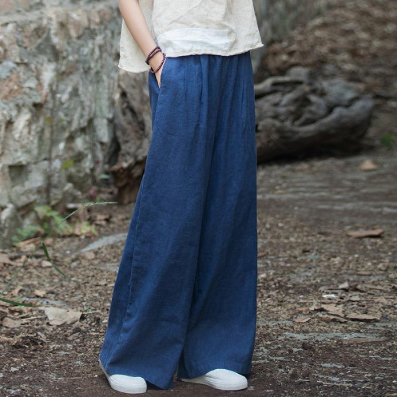 Damen weit geschnittene Leinenhose mit elastischem Bund und praktischen Taschen R&B