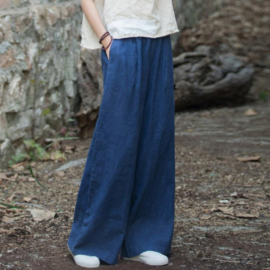Damen weit geschnittene Leinenhose mit elastischem Bund und praktischen Taschen R&B