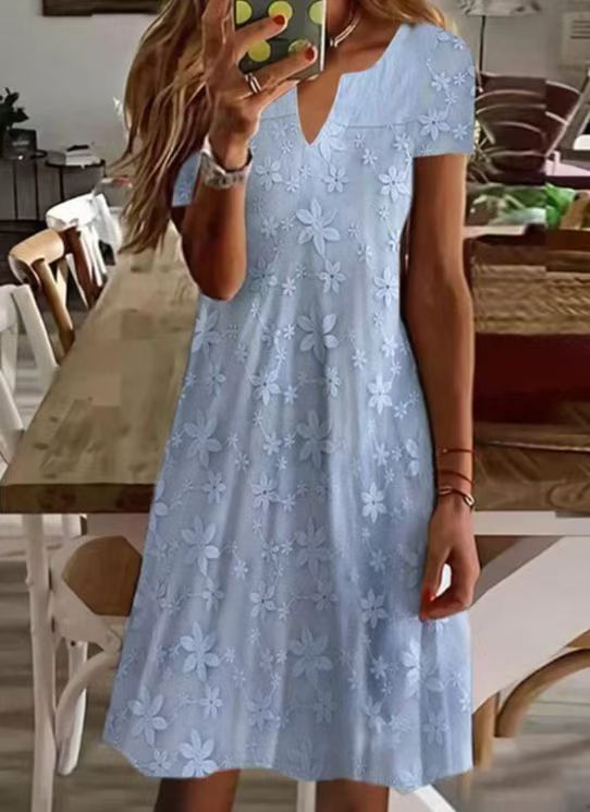 Damen Freizeitkleid mit floralem Stickdesign und V-Ausschnitt R&B