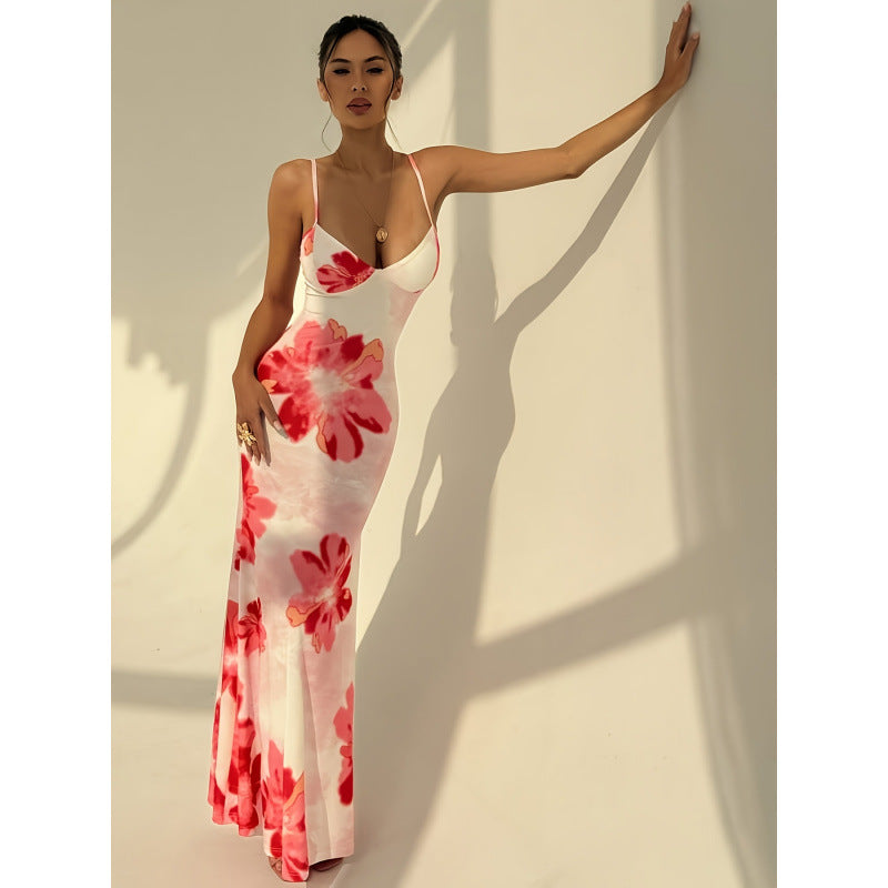 Damen Maxikleid mit zarten Spaghettiträgern und floralem Design R&B