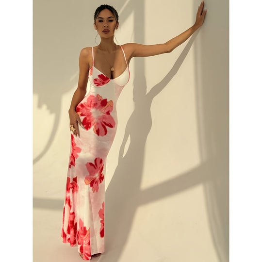 Damen Maxikleid mit zarten Spaghettiträgern und floralem Design R&B