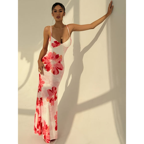 Damen Maxikleid mit zarten Spaghettiträgern und floralem Design R&B