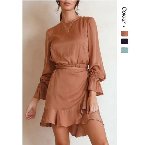 Damen Wickelkleid mit schwingenden Volant-Ärmeln und elegantem Taillenband R&B