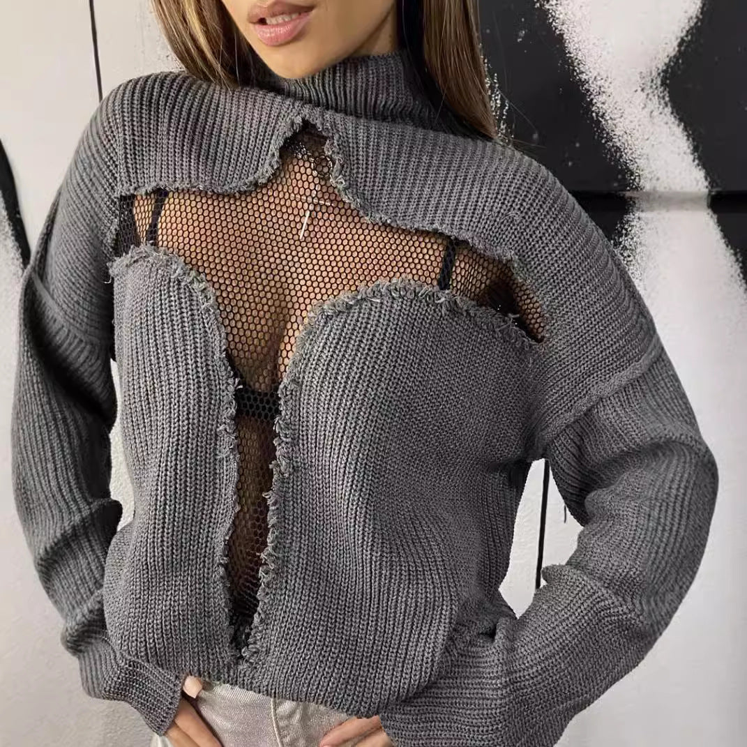Damen Oversized Strickpullover mit aufregendem Mesh-Einsatz und unkonventionellem Design R&B