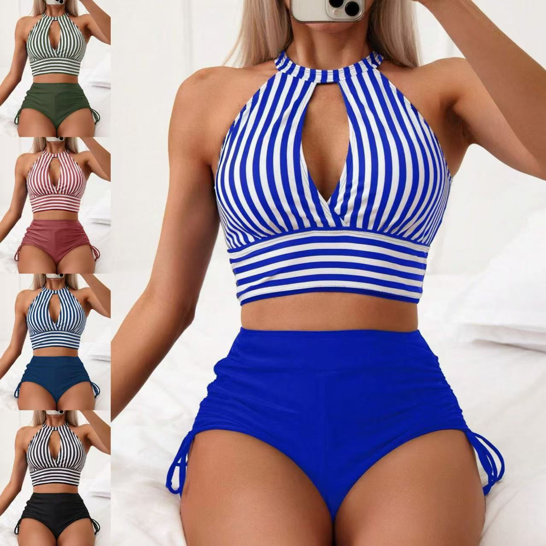 Damen Triangel-Bikini-Set mit gestreiftem Oberteil und hohem Bund R&B