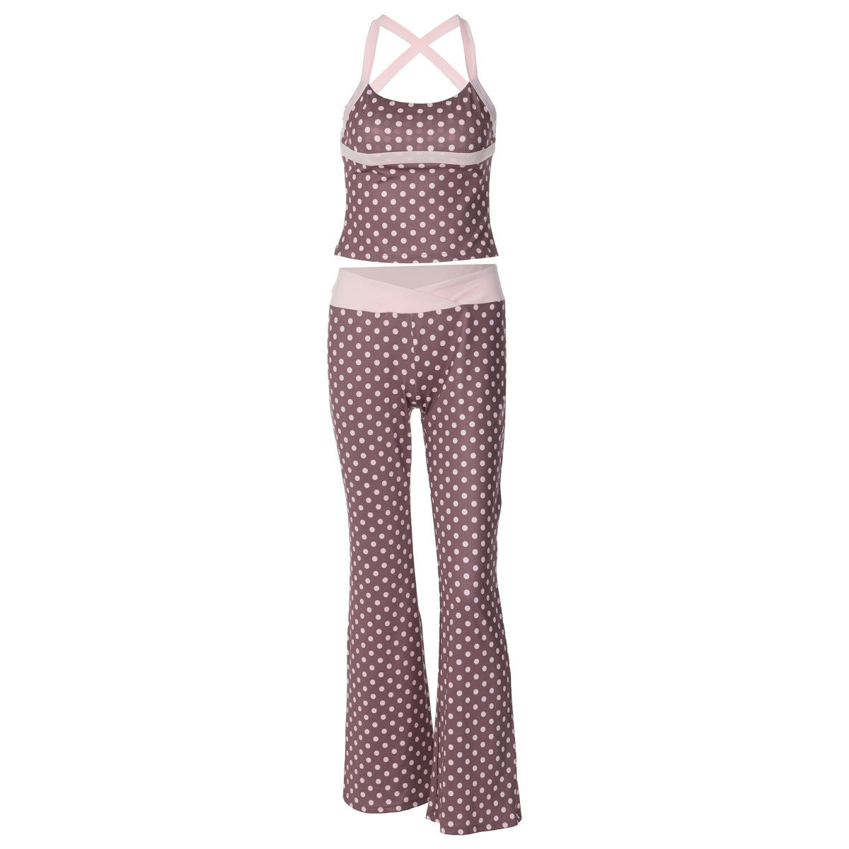 Damen Polka Dot Sportanzug mit cropped Oberteil und Flared Pants R&B