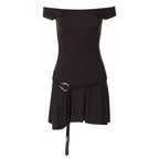 Damen Off-Shoulder Minikleid mit Taillengürtel und fließendem Rock R&B