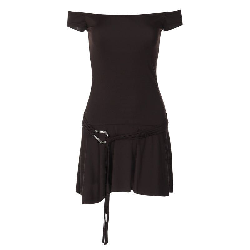 Damen Off-Shoulder Minikleid mit Taillengürtel und fließendem Rock R&B