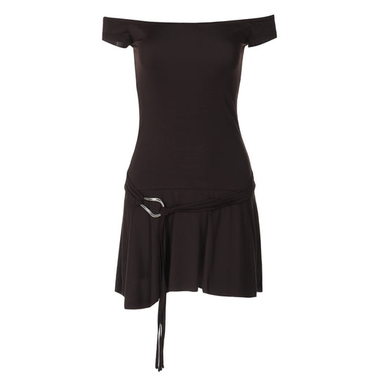 Damen Off-Shoulder Minikleid mit Taillengürtel und fließendem Rock R&B
