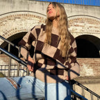 Damen modischer Pullover mit grafischem Karomuster und Rundhalsausschnitt R&B